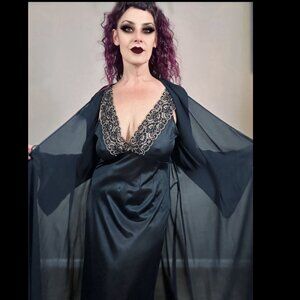 70s Black Lingerie Set: Sheer Robe & Gown, Retro Glam (M/L/XL)